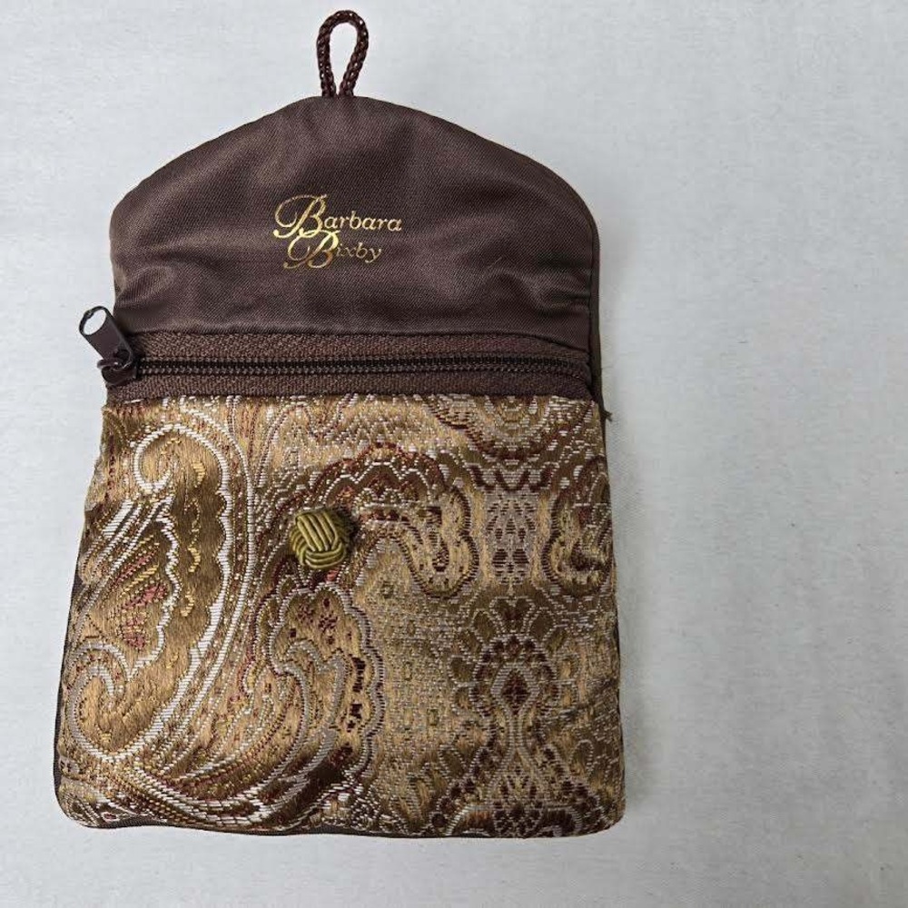 VTG Barbara Bixby Jewelry Pouch Brown Gold Satin Paisley Brocade Travel Bag Smal